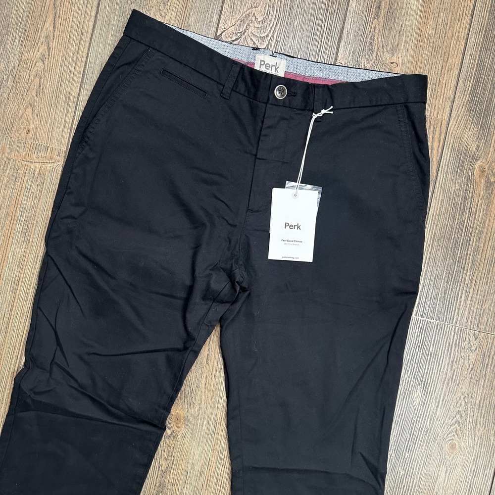 Perk Feel Good Chinos Mens 34x32 Solid Black Slim Fit Stretch Pants NEW
